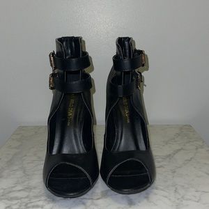 Wild Diva Lounge Peep Toe Buckled Double Strap Ankle Bootie - Black